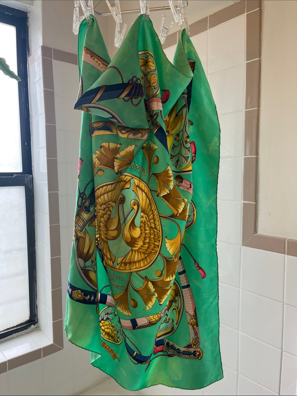 Hermes Green Silk Scarf with Gold Medallion and Blue Accents